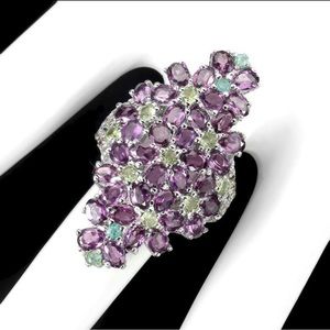 Multi Gems Ring Garnet Emerald Peridot Sapphire 14k White Gold